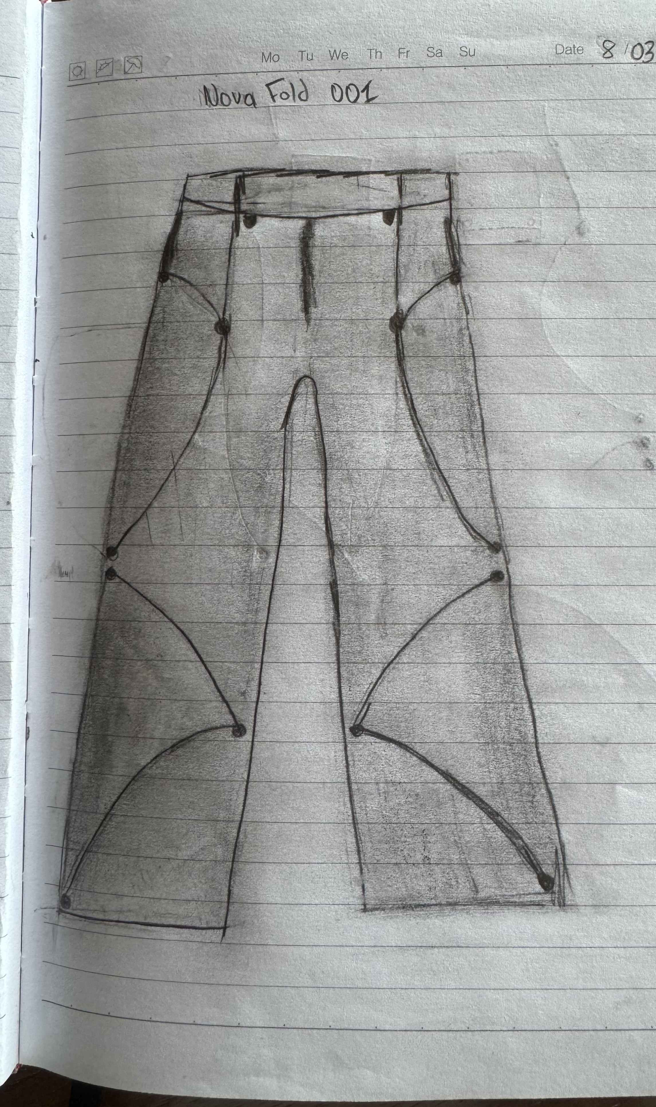 Hand drawn VUNOVA trouser pattern sketch, labeled Nova Fold 001, front panel