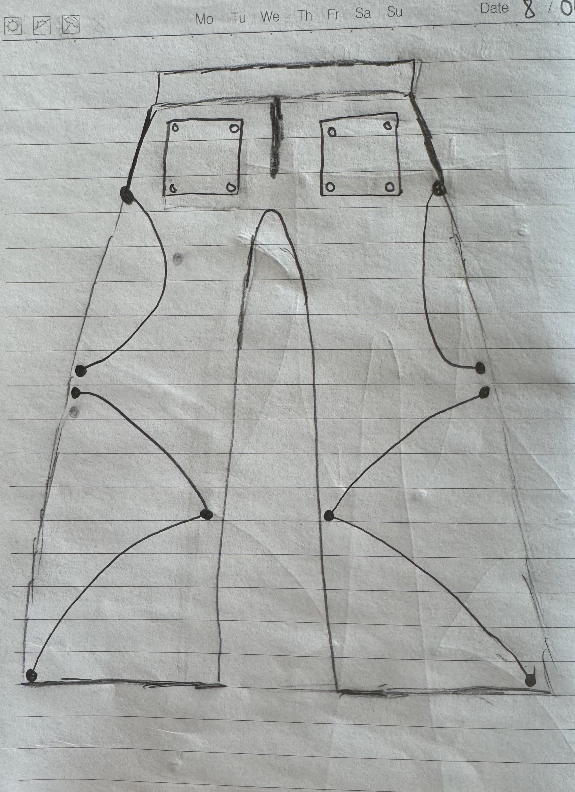 Hand drawn VUNOVA trouser pattern sketch, labeled Nova Fold 001, back panel with pocket details